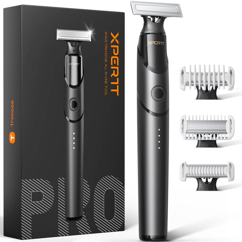 Trimcoo beard and body trimmer front view shows USB-C charging for quick top-ups