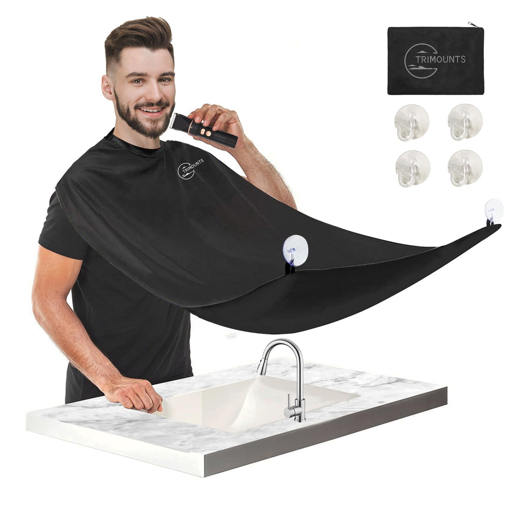Trimounts beard bib apron worn around the neck for mess-free grooming during trimming.