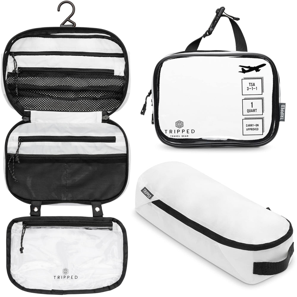TRIPPED Toiletry Bag Set hanging bag view shows organized packing for quick trips.