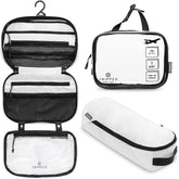 TRIPPED Toiletry Bag Set hanging bag view shows organized packing for quick trips.
