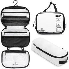TRIPPED Toiletry Bag Set hanging bag view shows organized packing for quick trips.