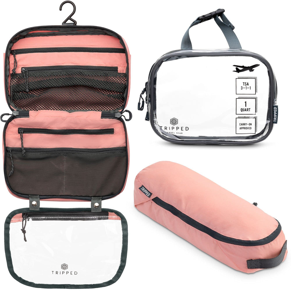 TRIPPED Travel Gear toiletry bag hanging shows organized access for quick getaways.
