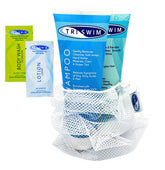 TRISWIM chlorine-out shampoo bottle demonstrates chlorine removal for healthier swimmer hair.