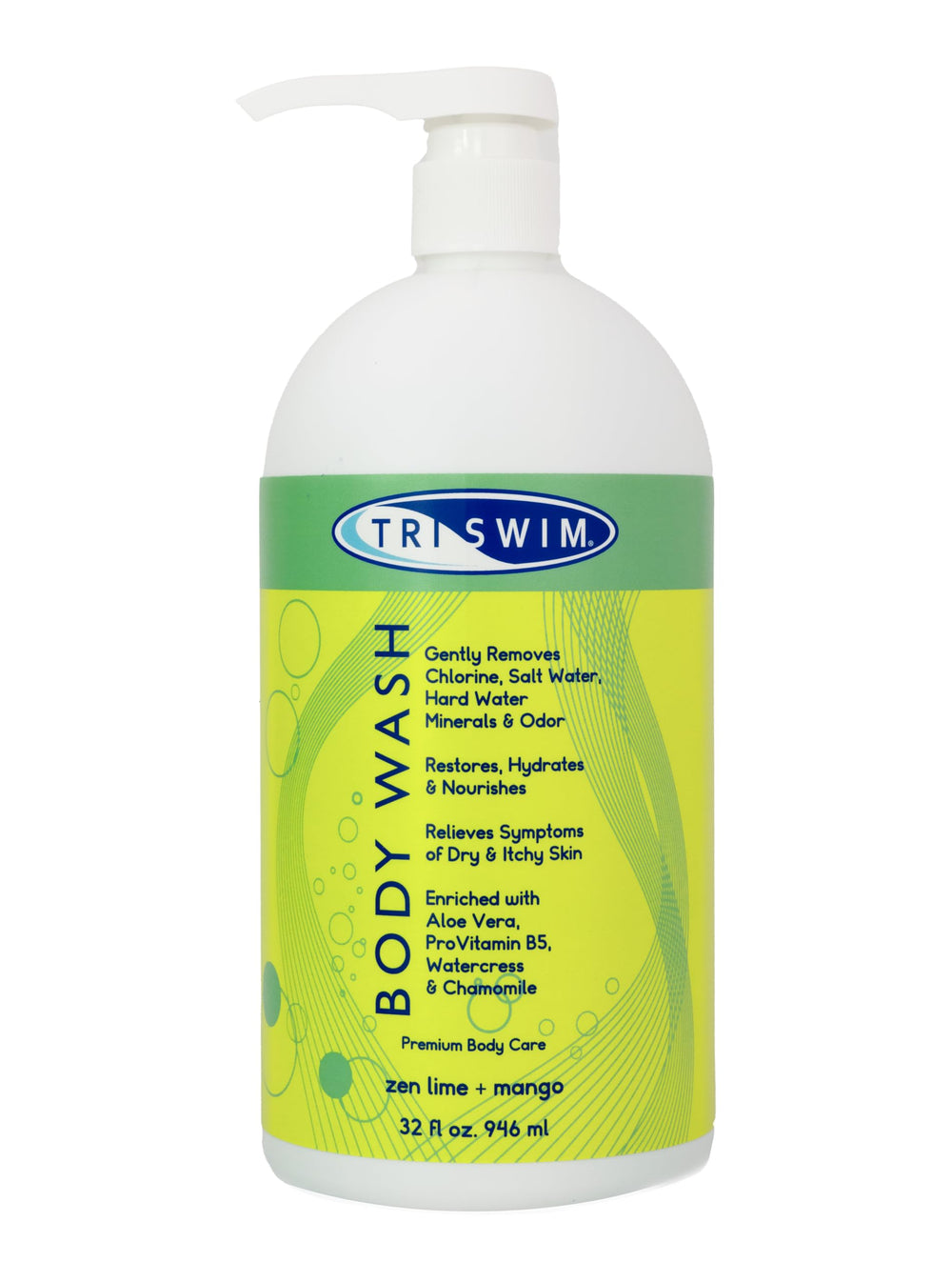 TRISWIM chlorine removal body wash bottle front highlights 32oz size for post-swim skin care.
