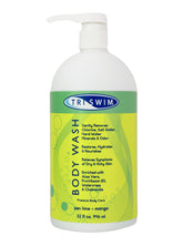 TRISWIM chlorine removal body wash bottle front highlights 32oz size for post-swim skin care.