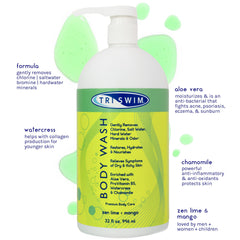 TRISWIM chlorine removal body wash with disk-top lid shows easy-to-use dispenser after swimming.