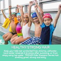 TRISWIM Kids Chlorine Removal Shampoo being poured for post-swim cleansing