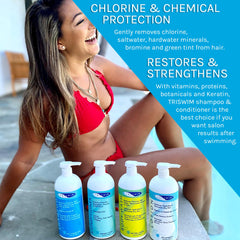 TRISWIM shampoo application closeup showing rich lather after chlorine exposure