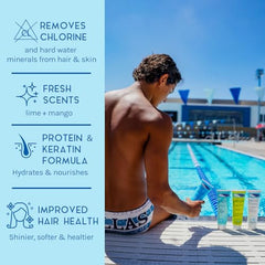 TRISWIM swim shampoo bottle for chlorine removal with Pro-Vitamin B5 for healthier hair