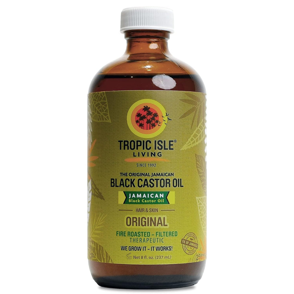 Tropic Isle Living Jamaican Black Castor Oil bottle on display for versatile hair and skin care.