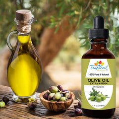 Tropical Holistic olive oil pour closeup highlighting purity for face and hair care.