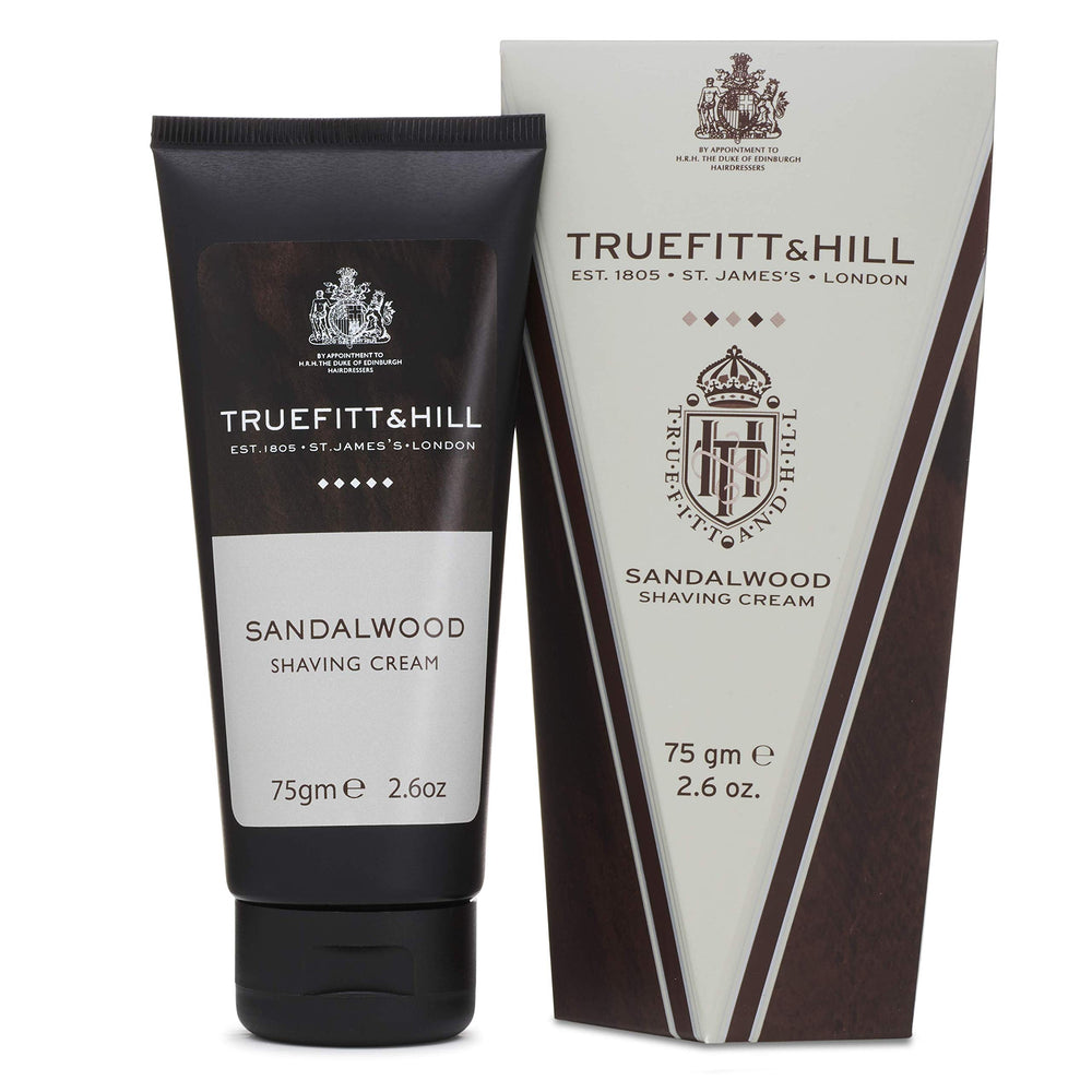 Truefitt & Hill sandalwood tube ready for a rich, luxurious shave.