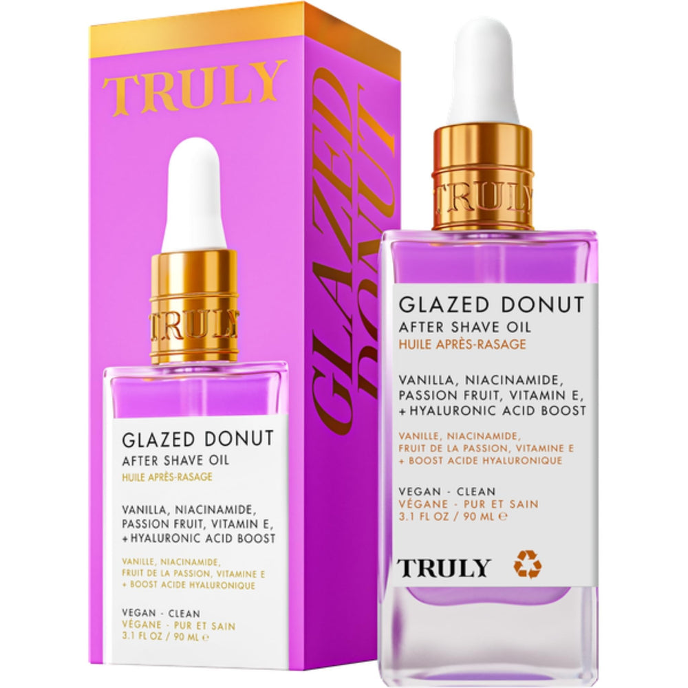Truly Glazed Donut After Shave Oil bottle showing cooling hydration for post-shave skin