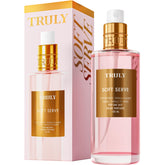 Truly Soft Serve Perfume Mist bottle highlighting vanilla strawberry scent for all-day freshness.