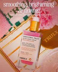 Truly Unicorn Fruit Serum liquid pour emphasizes light texture ideal for smooth skin after shaving.