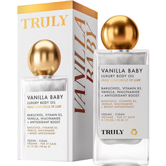 Truly Vanilla Baby Luxury Body Oil bottle shows hydrating shimmer for radiant skin.