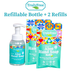 Truly Free Aloe Unscented Hand Soap packaging highlights eco-friendly design and refillability