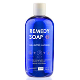 Truremedy Naturals Lavender Shea Butter Body Wash bottle promoting deep hydration for dry skin.
