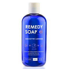 Truremedy Naturals Lavender Shea Butter Body Wash bottle promoting deep hydration for dry skin.