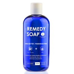 Truremedy Naturals Shea Butter No Fragrance Body Wash label highlights fragrance-free hydration.