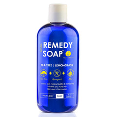 Truremedy Naturals Tea Tree Lemongrass Body Wash bottle ready for use, refreshing cleanse.