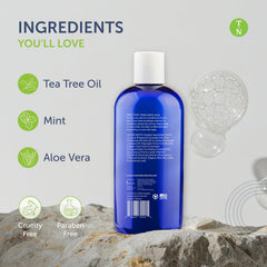 Truremedy Naturals Tea Tree Oil Body Wash ingredients close-up features tea tree and peppermint.