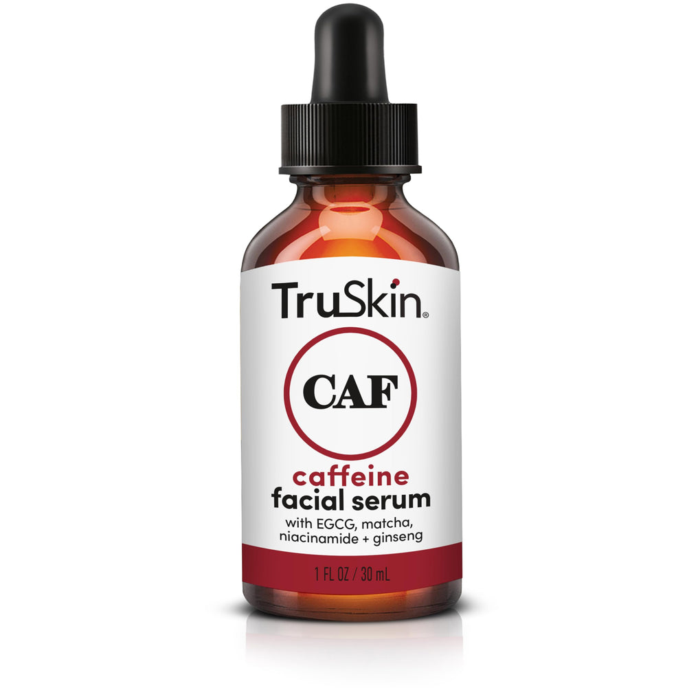 TruSkin Caffeine Serum bottle closeup highlighting the energizing formula for refreshed skin