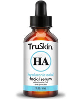 TruSkin Hyaluronic Acid Serum bottle showcasing ultra-hydrating benefits for skin.