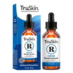 TruSkin retinol serum bottle highlights a gentle anti aging formula for smoother skin
