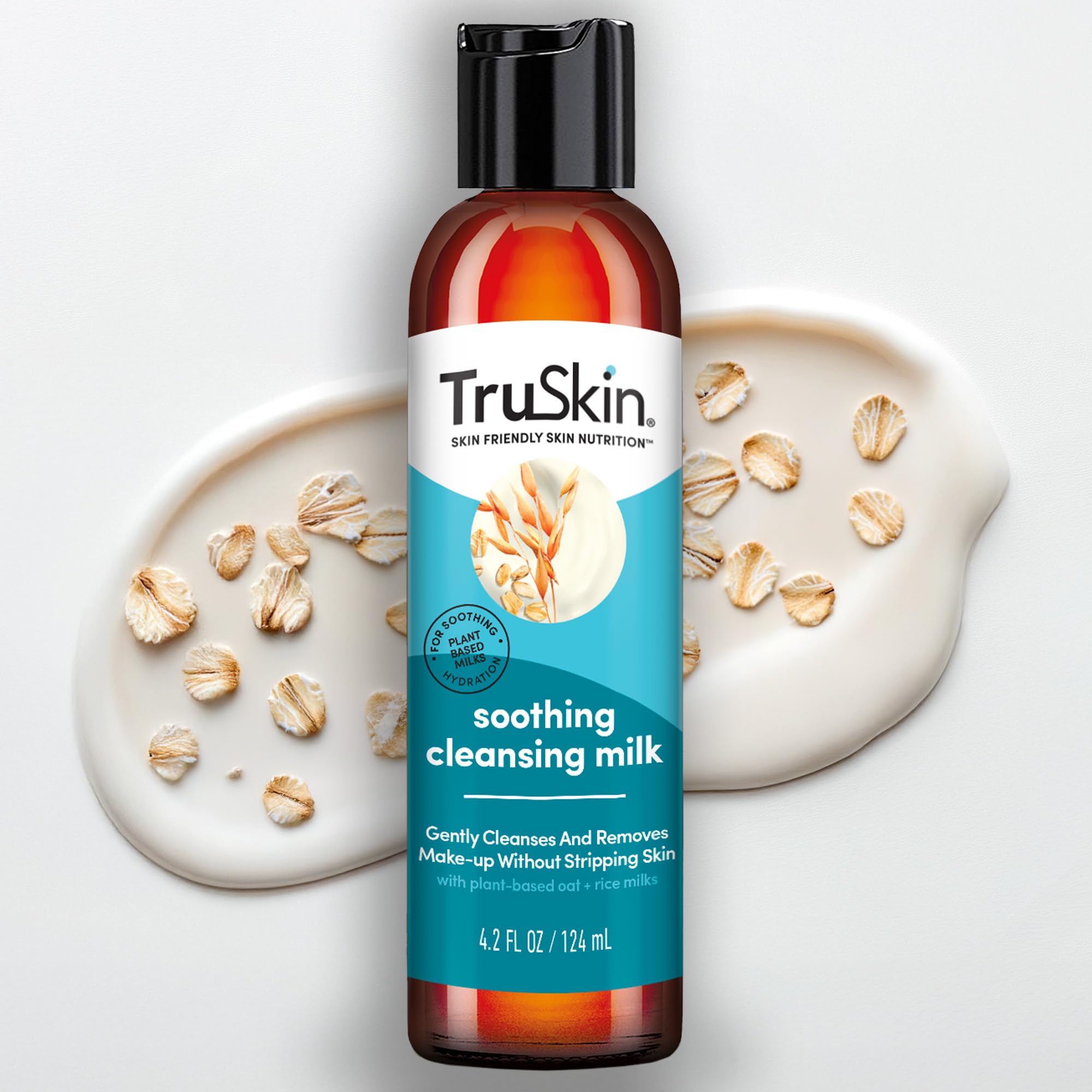 TruSkin Soothing Cleansing Milk bottle close-up, highlighting gentle, hydrating cleanse for sensitive skin.