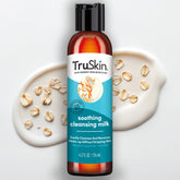 TruSkin Soothing Cleansing Milk bottle close-up, highlighting gentle, hydrating cleanse for sensitive skin.