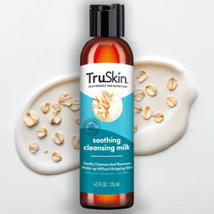 TruSkin Soothing Cleansing Milk bottle close-up, highlighting gentle, hydrating cleanse for sensitive skin.