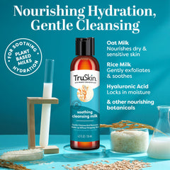 TruSkin Soothing Cleansing Milk facial application, demonstrating makeup removal without drying the skin.