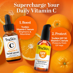 TruSkin Vitamin C and hyaluronic acid blend enhances hydration during sun protection.