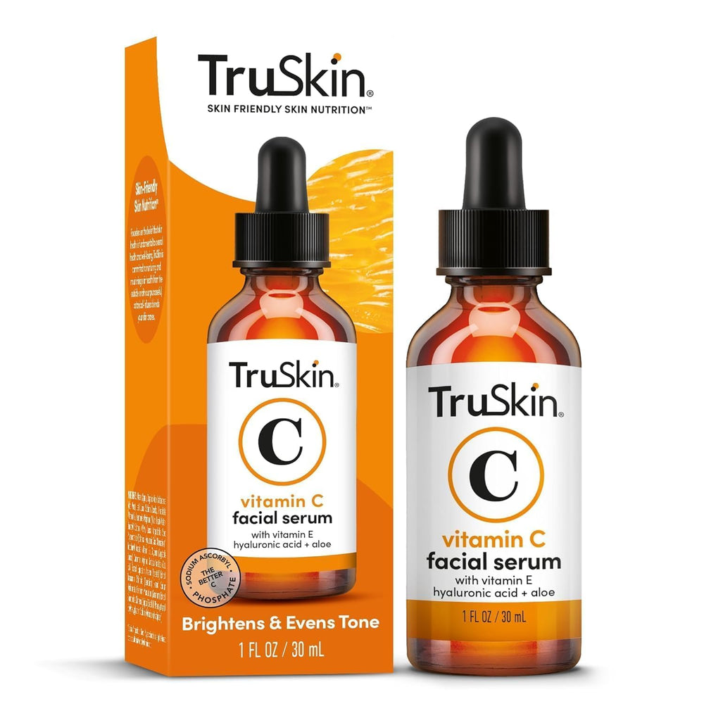 TruSkin Vitamin C Serum bottle closeup highlights brightening formulation for glowing skin.