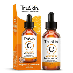 TruSkin Vitamin C Serum bottle closeup highlights brightening formulation for glowing skin.