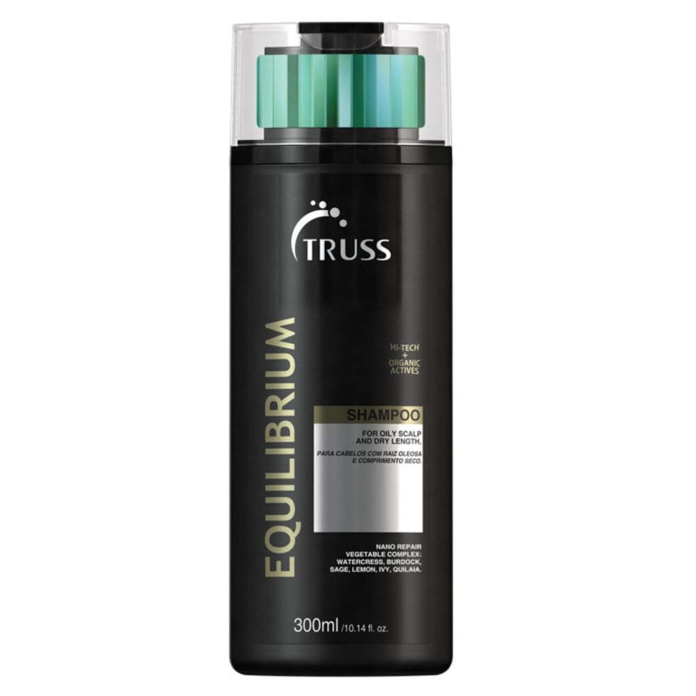 TRUSS Equilibrium bottle pours a hydrating cleanse for oily scalp and dry ends.