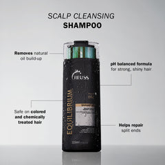 TRUSS Equilibrium scalp-suds demonstrate daily oil-control cleansing.