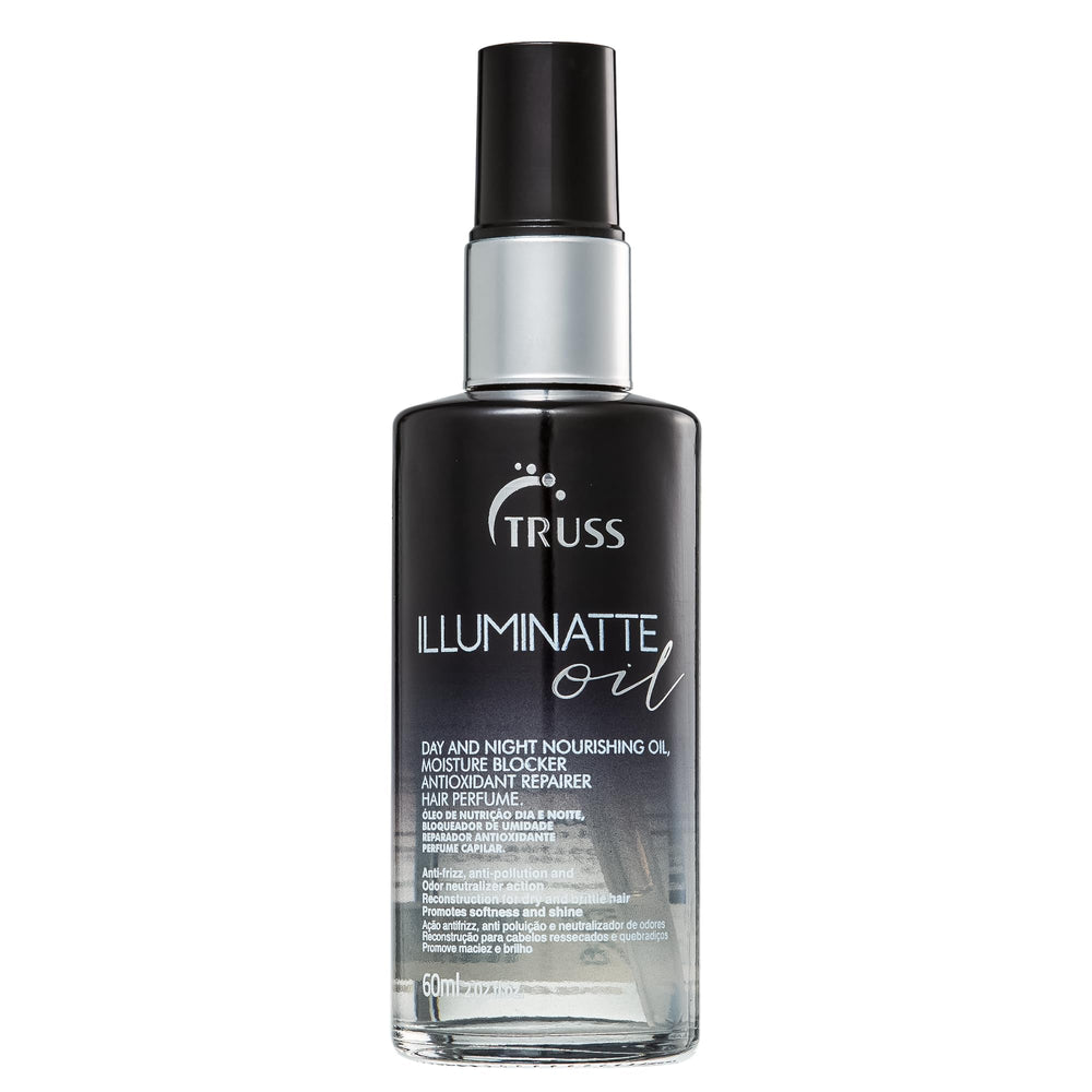 TRUSS Illuminatte hair oil bottle pour for shine and frizz control.
