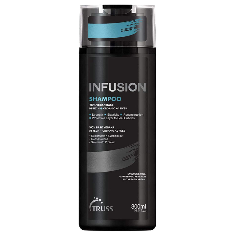 TRUSS Infusion Hair Shampoo bottle setup promotes hydration for dry hair.