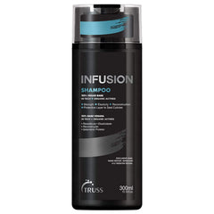 TRUSS Infusion Hair Shampoo bottle setup promotes hydration for dry hair.