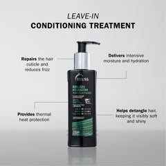 TRUSS Keratin Hair Treatment pump bottle demonstrates easy application for heat protection.