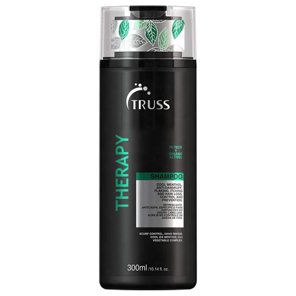 TRUSS Therapy anti-dandruff shampoo bottle highlighting menthol cooling for refreshed scalp