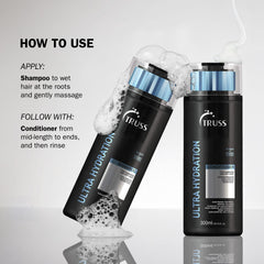 TRUSS Ultra Hydration Shampoo applying to wet hair for frizz control