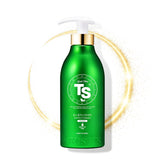 TS Gold Plus Shampoo gold extract bottle highlights radiant shine and scalp care benefits.
