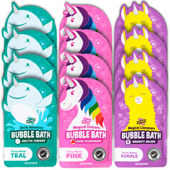 Tub Works Magical Unicorn bubble bath bottle pouring pink water for colorful bath time.