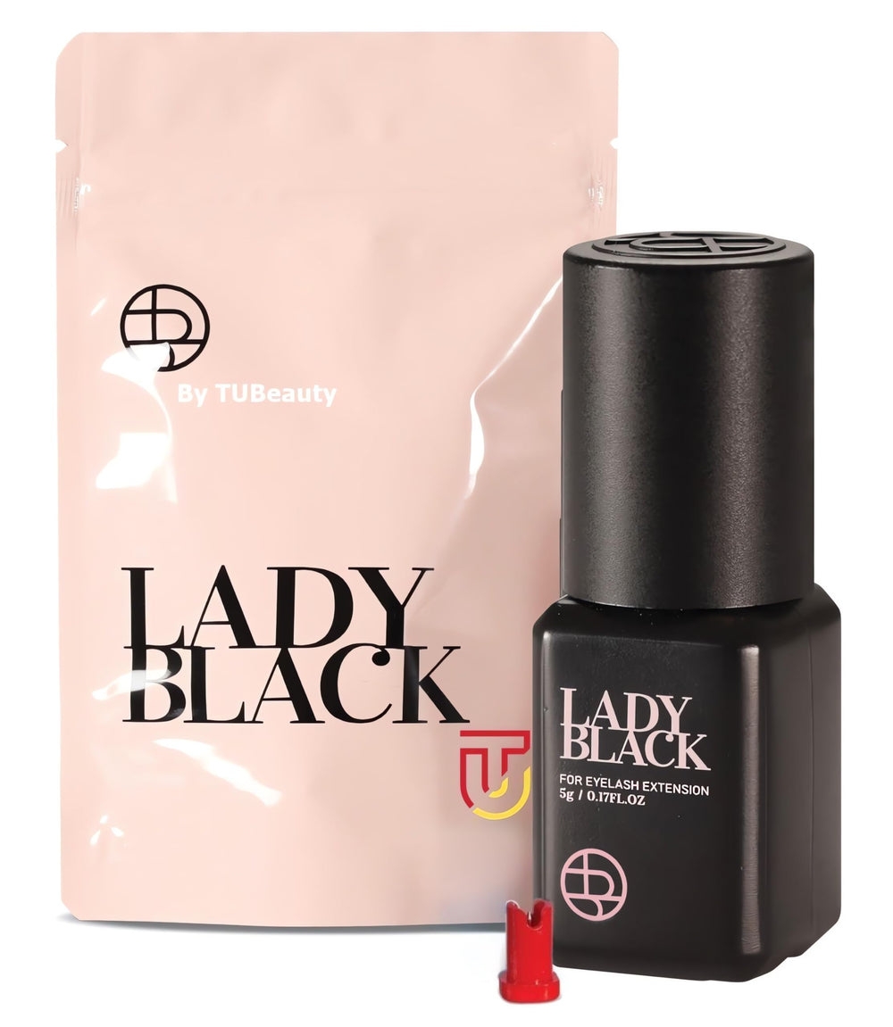 TUBeauty Sky Lady Black glue bottle for quick-set lash extensions.