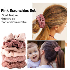 TUCEWP pink velvet scrunchies on long hair demonstrating gentle grip