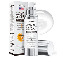 TUJHG Vitamin C Retinol Serum bottle closeup highlighting radiant hydration.