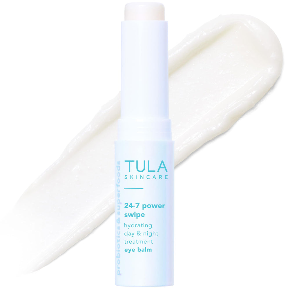 TULA 24-7 Power Swipe eye balm tube closeup shows a hydrating formula for delicate under-eye skin.